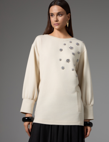 Blusa Alongada em Moletom com Pedrarias