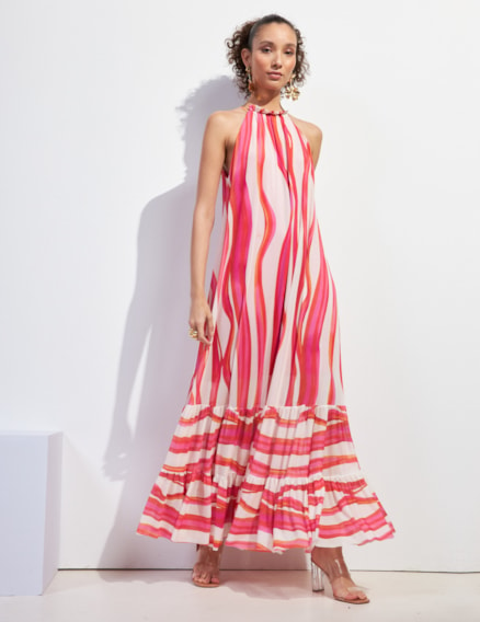 Vestido Longo Amplo Estampado em Tule