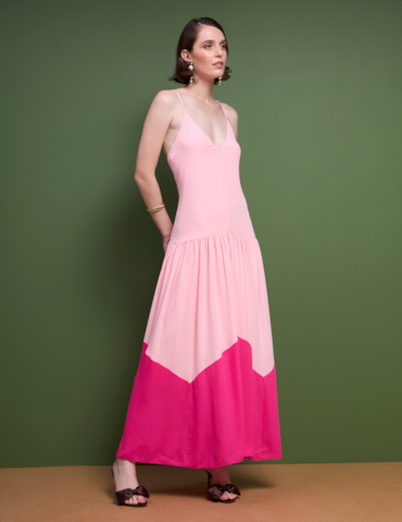Vestido Longo Bicolor com Recorte