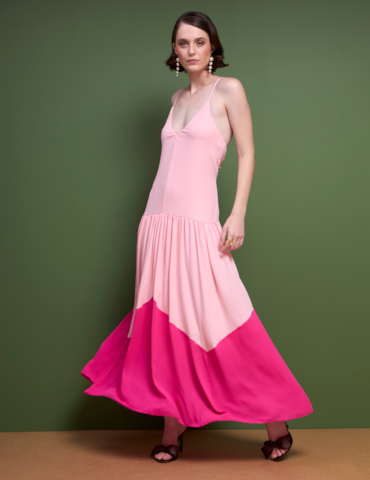 Vestido Longo Bicolor com Recorte