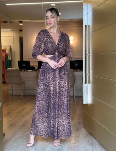 Vestido Longo Leopardo com Vazados